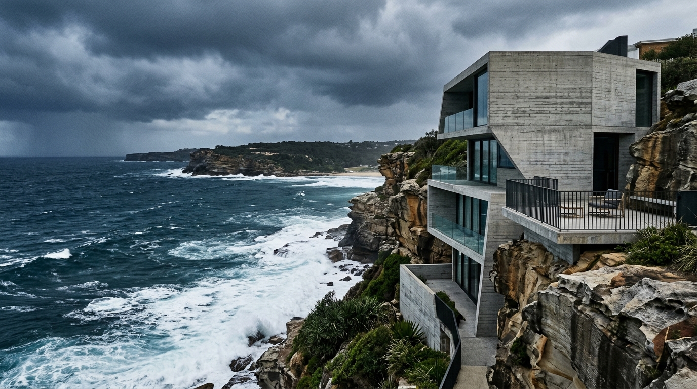 Tamarama Cut — board-formed concrete cliff-edge home