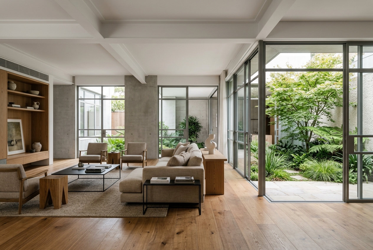 Living room with courtyard and pool views