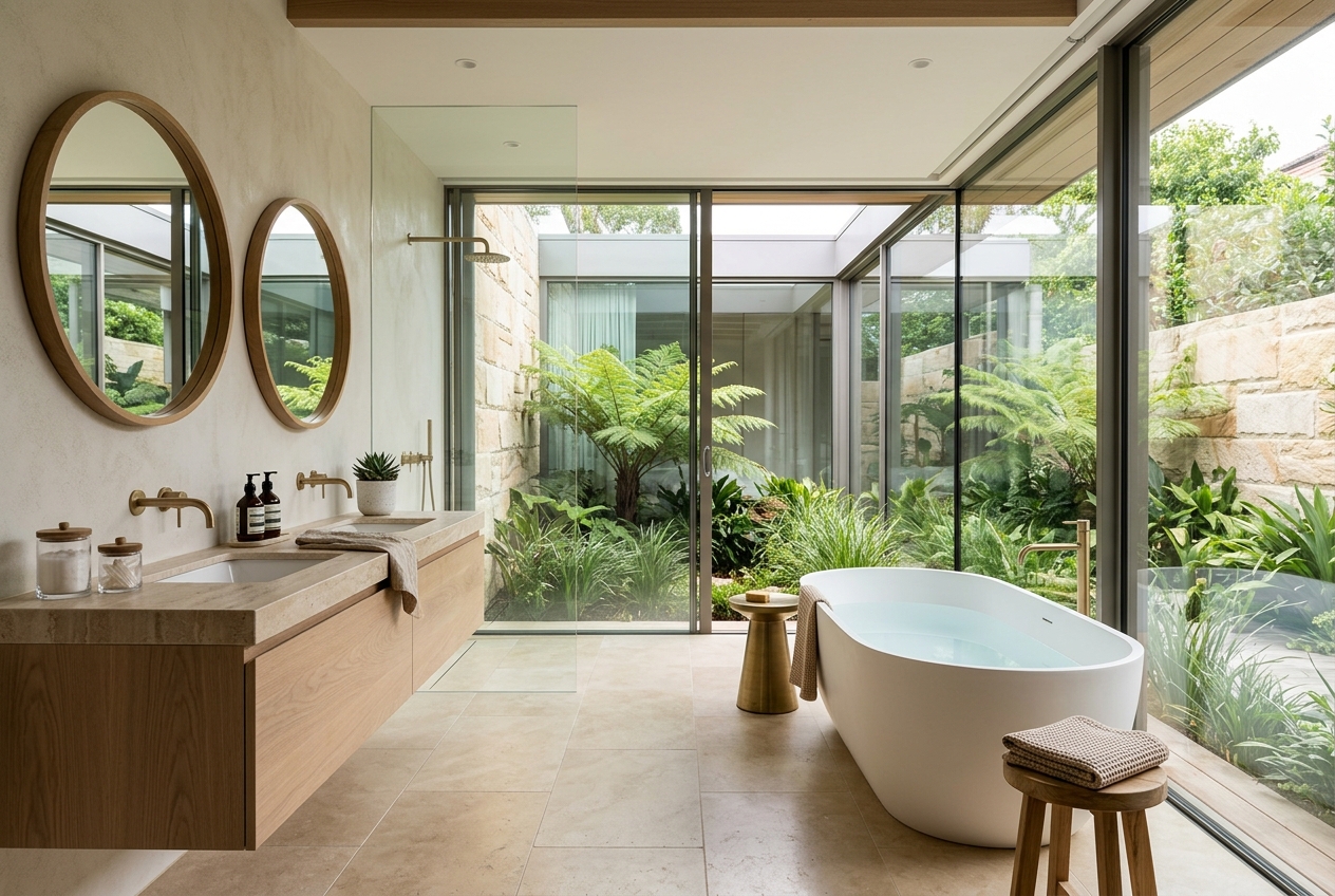 Master bathroom with courtyard outlook