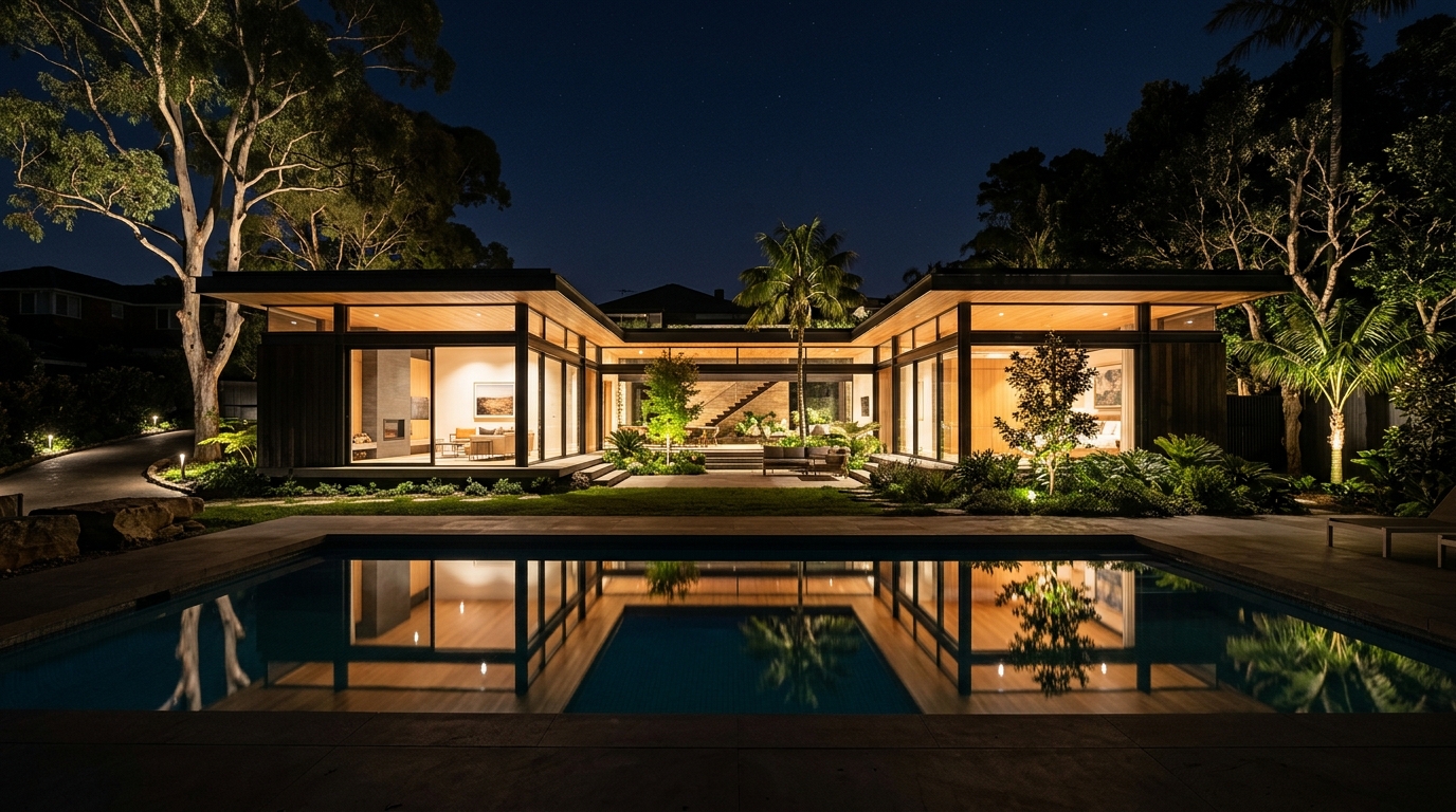 Night exterior — pool reflection and warm interior glow