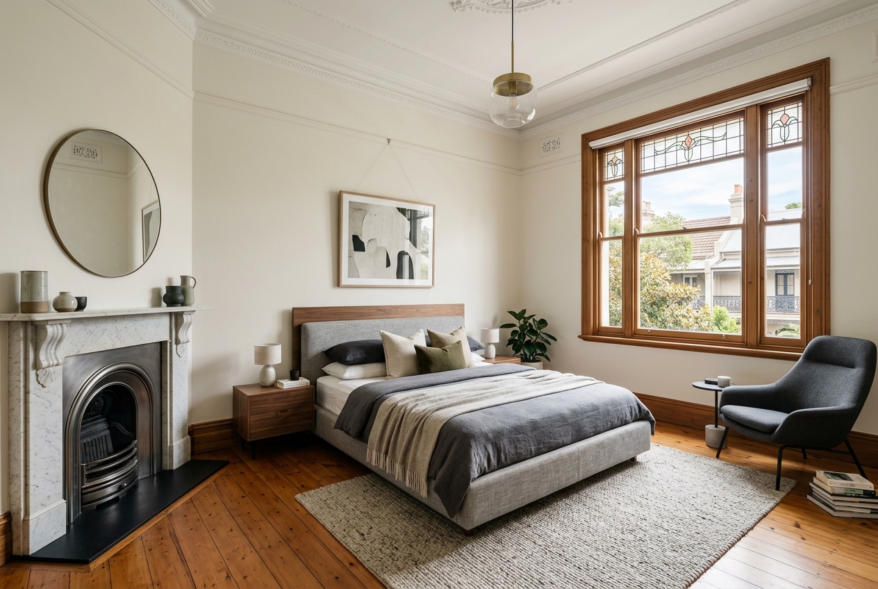 Master bedroom with high ceilings and heritage details