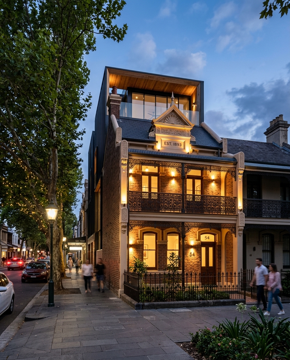 Night street view — Victorian terrace preserved