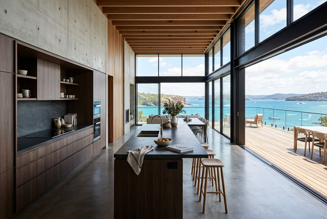 Open-plan kitchen with harbour views