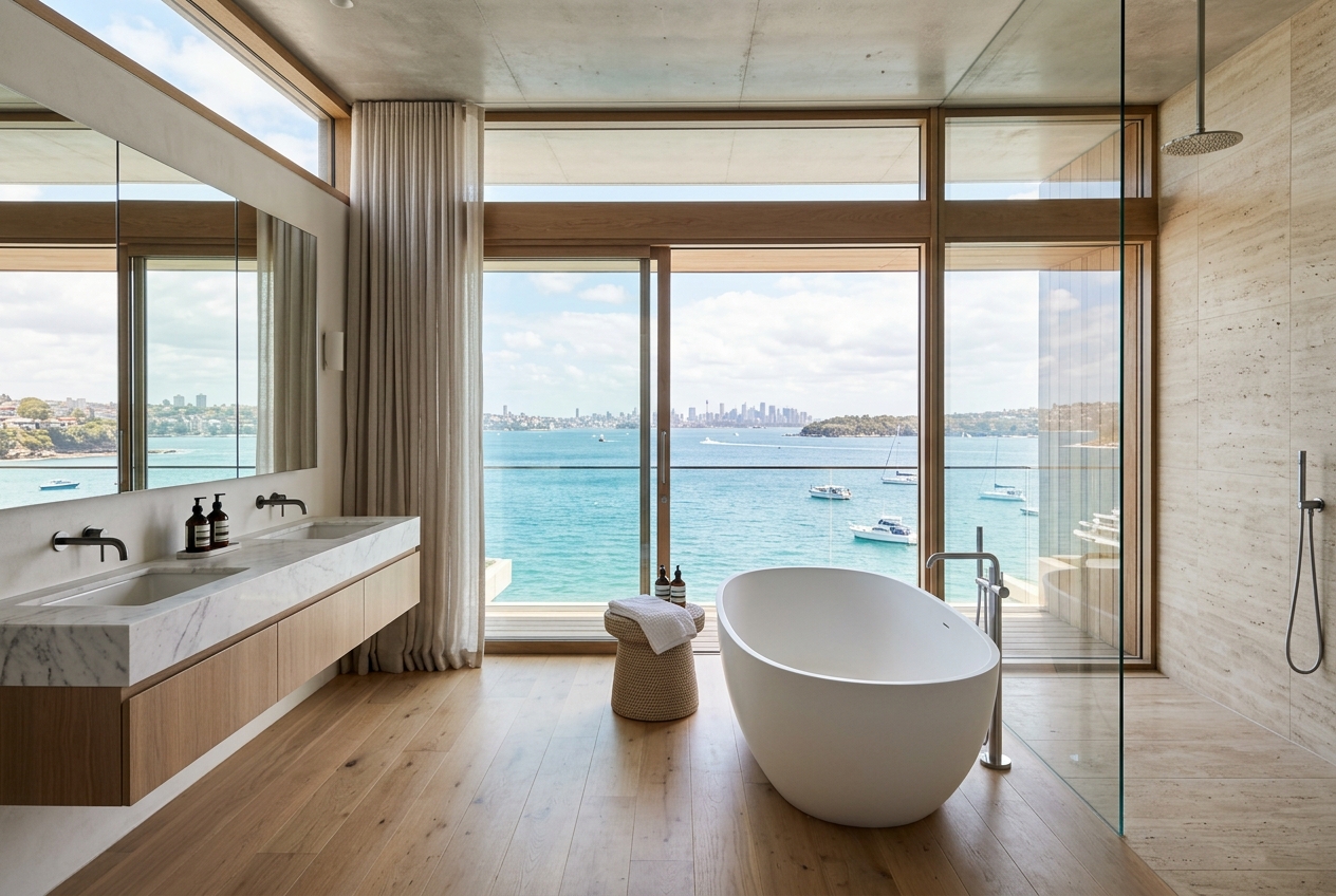 Master bathroom with Sydney Harbour outlook