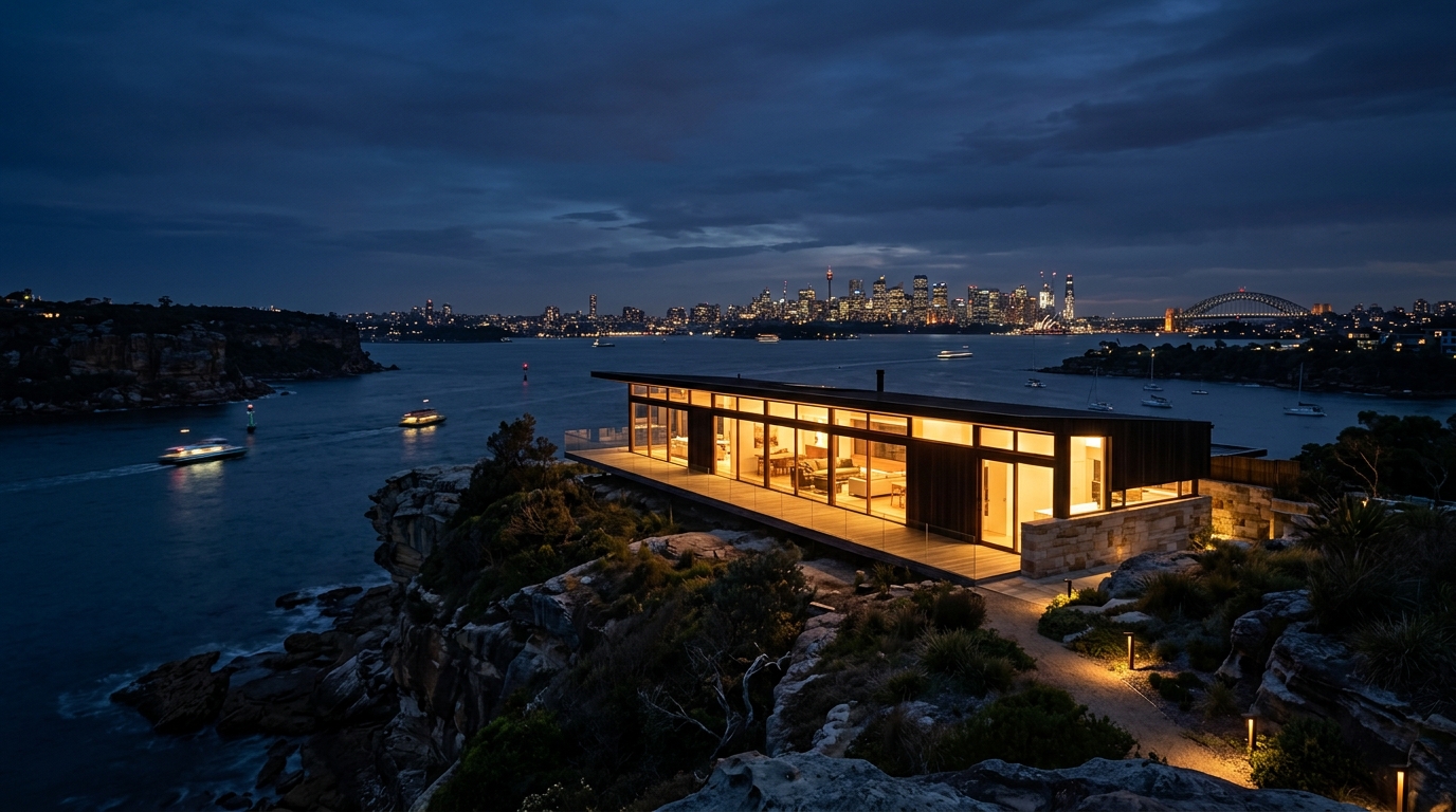 Night exterior — the pavilion illuminated