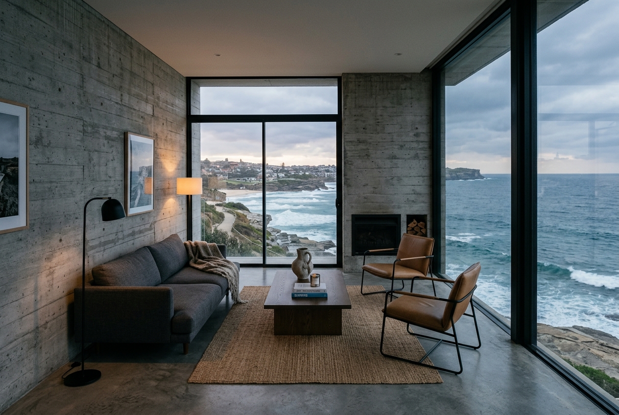 Board-formed concrete living room with ocean views
