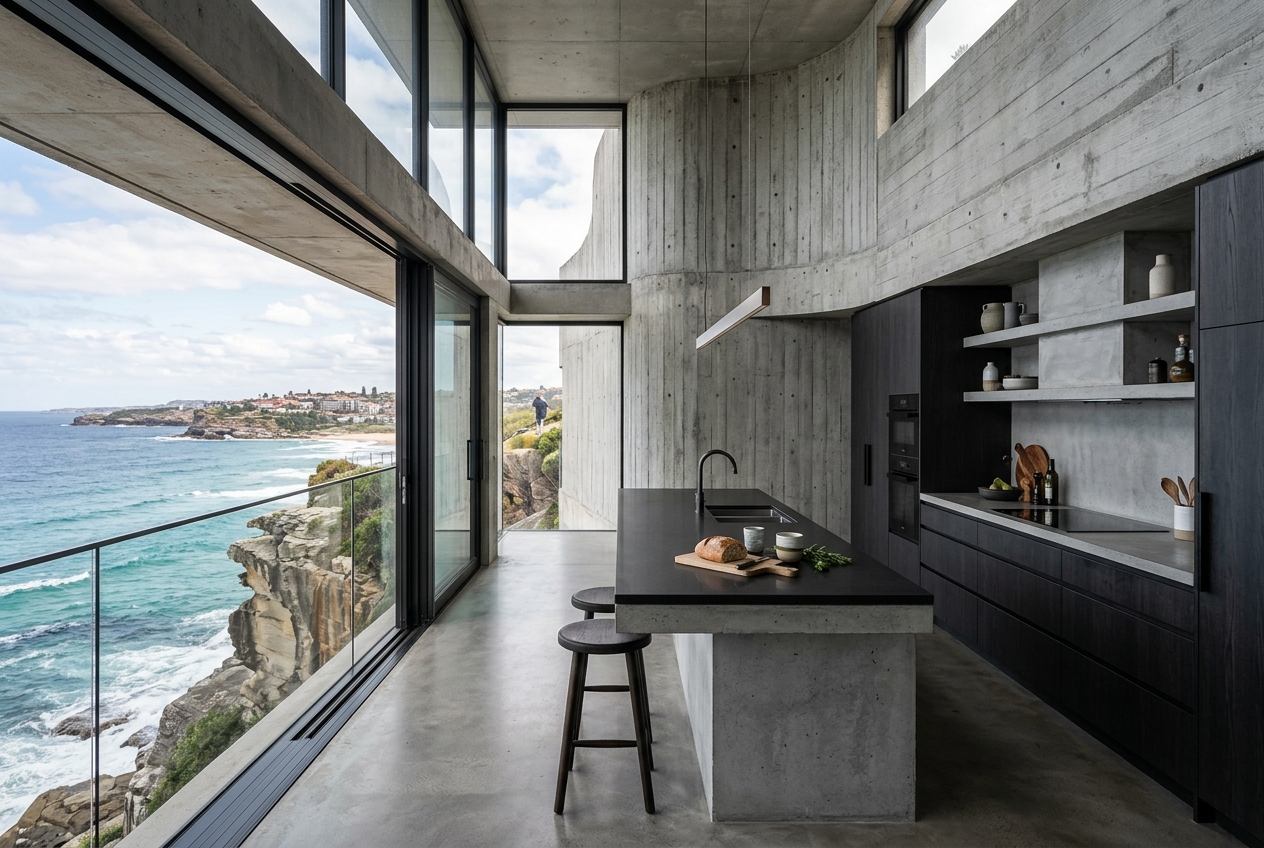 Kitchen with dramatic coastal setting
