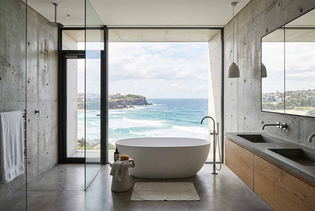 Master bathroom — concrete and ocean