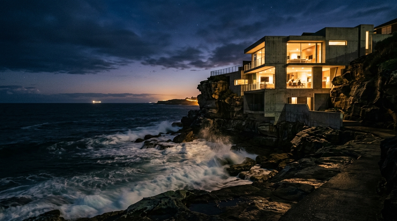 Night exterior — cantilevered over the cliff
